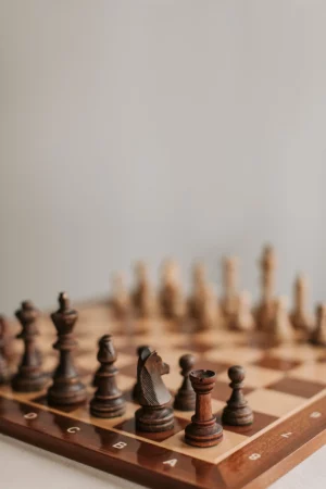 Photo d'un jeu d'échecs entièrement en bois. La prise de vue est axée sur l'angle où se trouve la tour noire. Les pièces blanches sont floues.